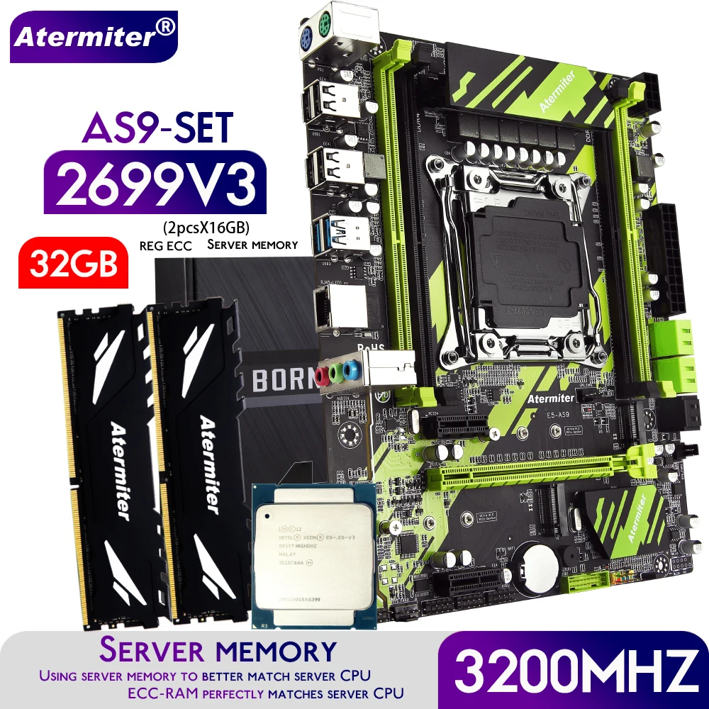 Atermiter X99 AS9 Plokštė Rinkinys su Xeon E5 2699 V3 CPU LGA 2011-3 2vnt X 16 GB = 32GB 3200MHz DDR4 REG ECC RAM Atmintis